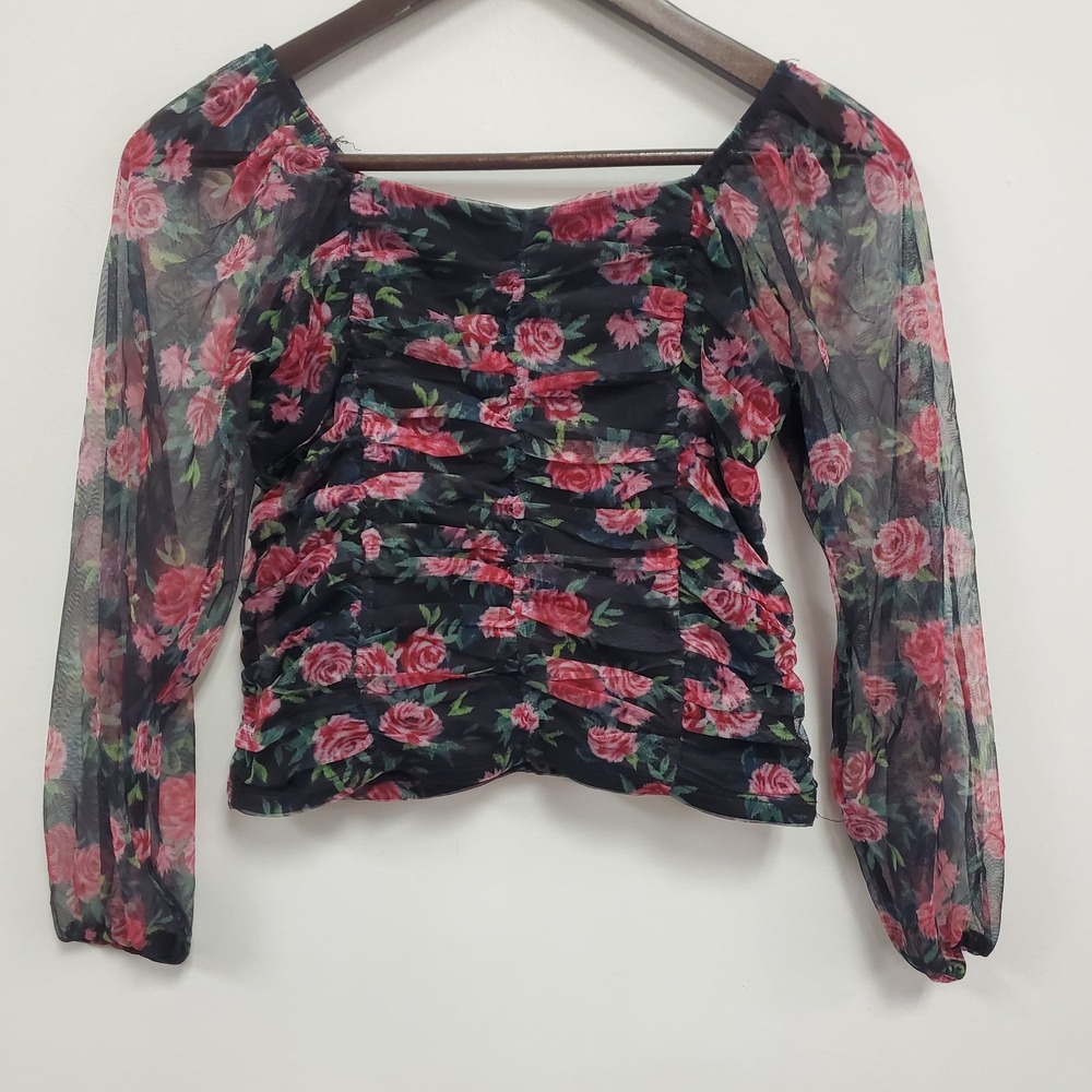 Art Class Juniors Dark Floral Mesh Whimsigoth Top Size L Black Fairy Grunge